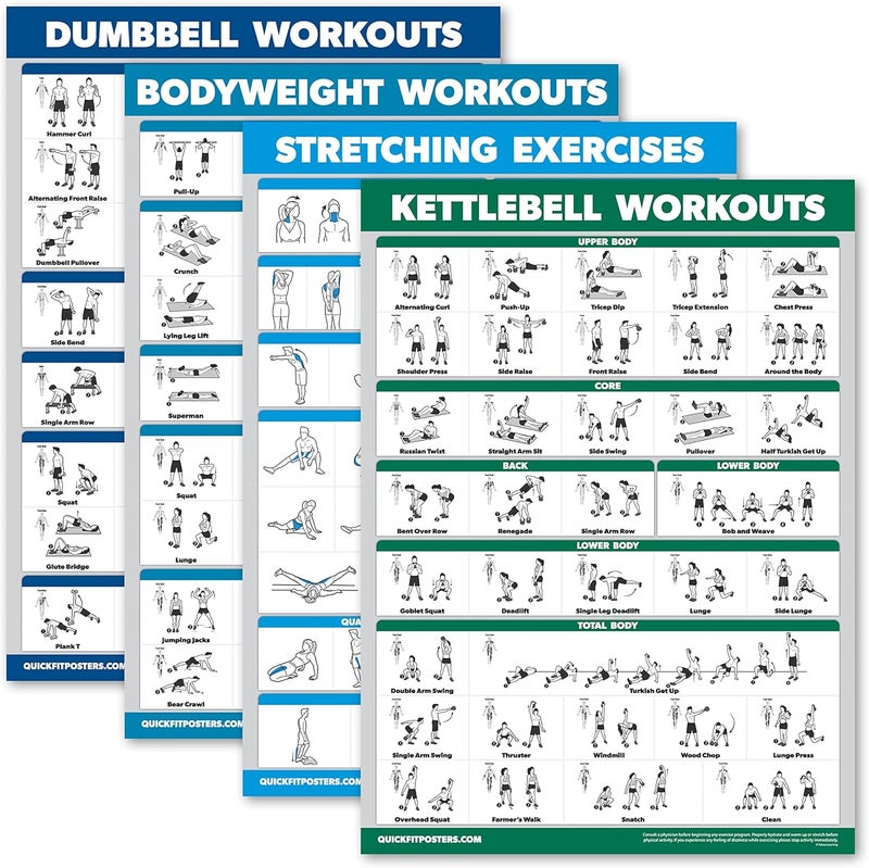 Palace Learning 4 Pack - Dumbbell Workouts + Bodyweight Workouts + Stretching Exercises + Kettlebell - Set of 4 Workout Charts (18” x 24”, LAMINATED) - Image 1